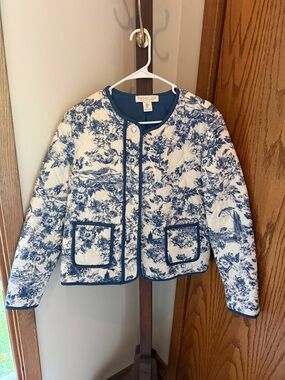Rachel Zoe White Quilted Jacket with Blue Toile Print